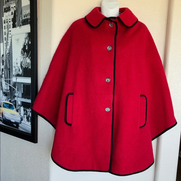 LODEN KING Thick Red Wool Cape with Black Trim from Germany. Vintage. M - Picture 4 of 17